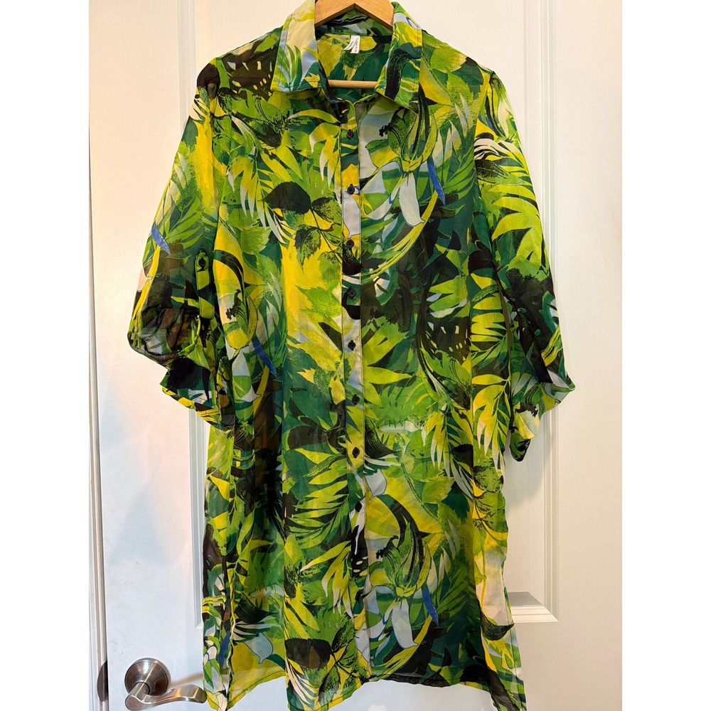 Live 4 Truth Tropical Print Button Down Shirt Dress Green Yellow Tunic Large